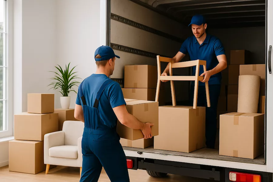 “Flyttfirma lastar flyttbil med möbler och flyttlådor i bostad – symboliserar professionell flytthjälp med effektiv och säker hantering av bohag”